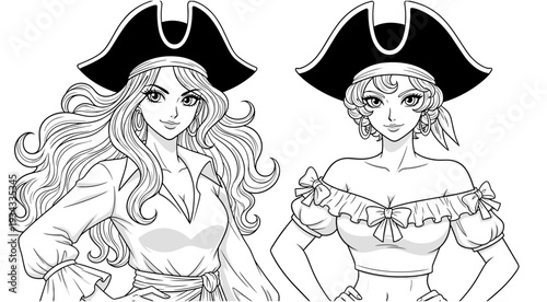 Beautiful pirate women characters in anime line art style wearing tricorn hats and nautical outfits for coloring book page vector illustration