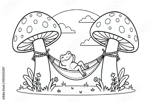Cute frog relaxing in a hammock between two giant mushrooms line art for coloring 