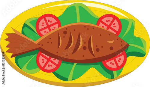 fish fry, A white plate featuring grilled fish alongside lemons and parsley atop a wooden table