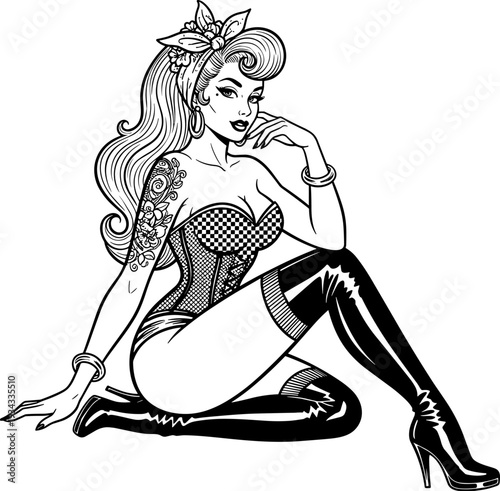 Beautiful pin up girl with floral tattoo wearing corset and boots sitting on floor, vintage retro comic style vector illustration, sexy woman.
