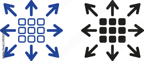 network distribution and spread icon set. connection, data sharing, expansion, and outward arrows. vector illustration