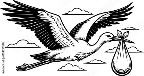 Stork bird flying in sky carrying baby bundle bag, vintage retro woodcut style vector illustration for newborn announcement and pregnancy celebration.