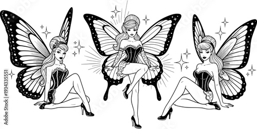 Beautiful fairy pin up girls with butterfly wings collection set, vintage retro comic style vector illustration, magical female fantasy characters isolated.