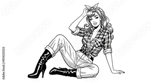 Beautiful pin up girl wearing plaid shirt and boots sitting on floor, vintage retro style comic art, sexy woman vector illustration.