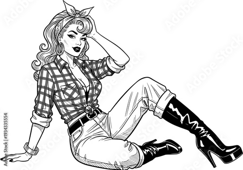 Beautiful vintage pinup woman in plaid shirt and high boots sitting pose in retro comic line art style for fashion design