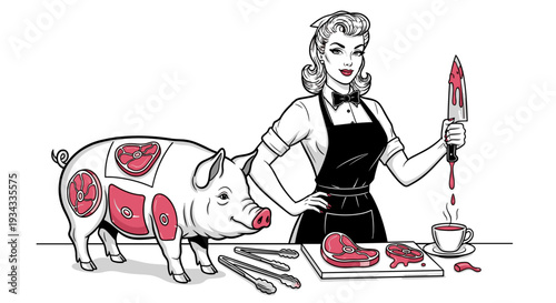 Vintage female butcher character with bloody knife cutting pork meat sections from pig for steak house and butchery shop design
