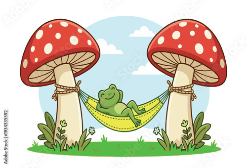 Cute frog relaxing in a hammock between two giant mushrooms clip art 