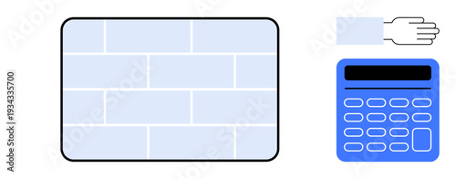 Construction planning, education, technology integration, accounting, manual input, practical tools. Brick wall, hand and blue calculator. Construction planning and education concept