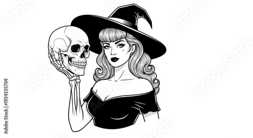Beautiful witch woman with long hair wearing a black hat holding a human skull in her hand for Halloween occult horror