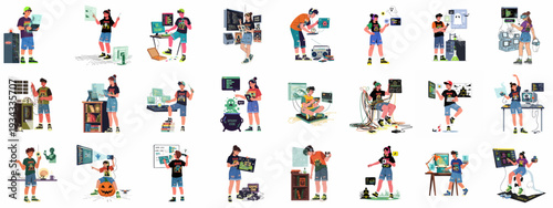 Engaging illustrations of young programmers and game developers merging creative tech with a fun, spooky, retro horror vibe.