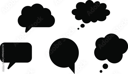 Collection of black speech bubbles and thought clouds icons isolated on white background for communication social media dialogue and brainstorming.