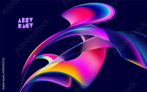 Liquid 3D geometric shapes. Colored form of spiral and glassy line. Abstract vector design element