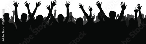 Silhouette of cheering crowd, raised hands, unity, excitement, celebration, concert audience, rally participation, group gesture, vector illustration, design resource