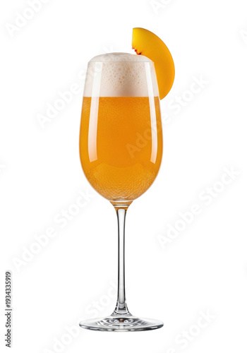An elegant crystal flute with a sparkling golden-peach bellini cocktail and peach garnish, isolated on a white background. Concept for luxury beverage advertising