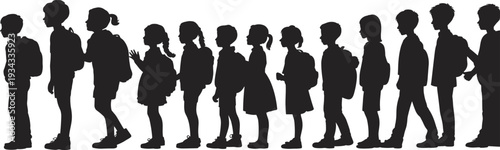 Silhouette of school children standing in line, backpacks, students, education theme, childhood routine, posture diversity, vector illustration, design resource