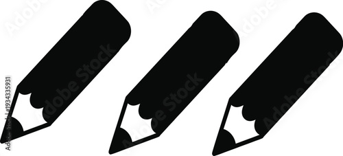Three black pencil silhouette icons in a row isolated on white background for education writing drawing school and creative supplies.
