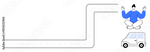 Mindfulness, transportation, peace, balance, wellness, lifestyle. A road bends alongside a car and a meditating figure. Mindfulness and transportation concepts merged in a minimalist visual