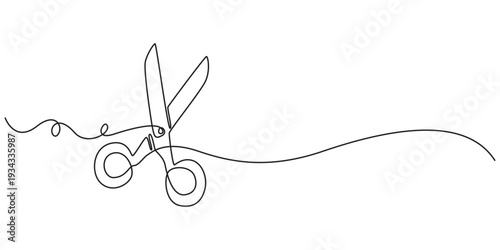 Simple black and white line drawing of scissors.  line icon-continuous line drawing. Editable stroke, Scissors Continuous Line Illustration, hair scissors continuous one line drawing, One continuous