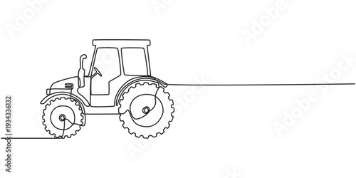 One line tractor drawing illustrating machinery for agriculture in simple outline. Agriculture machinery design emphasizes continuous line art style to present farm vehicle.