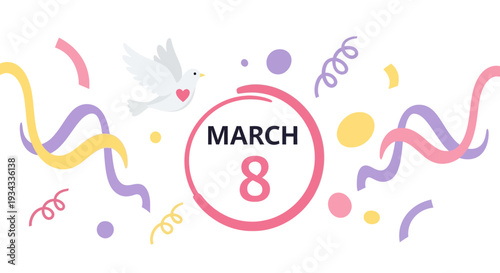 Vibrant celebration of International Women's Day on March 8 with dove and ribbons