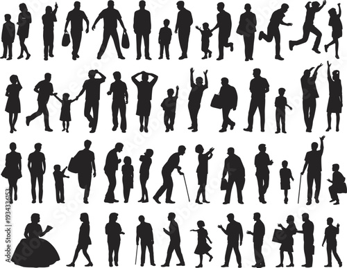 Silhouette collection of diverse people, children, adults, elderly, walking, dancing, jumping, interacting, social behavior, demographic diversity, vector illustration