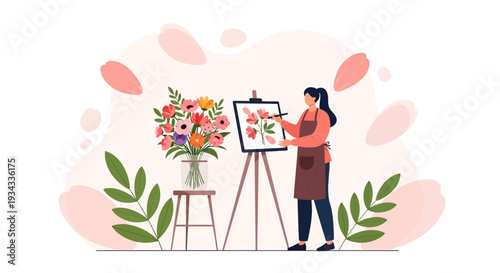 Artist Painting Flowers on Easel, Floral Art Illustration