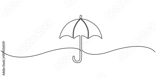 umbrella continuous one line drawing, Continuous one line drawing of opened umbrella. Single line drawing illustration of umbrella protection for rain and uv. Summer holiday concept vector art.