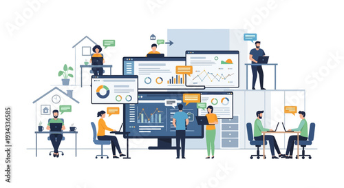 Remote & Hybrid Work Team Collaboration Analyzing Business Data and Statistics. Global Virtual Office Productivity and Digital Transformation Concept.