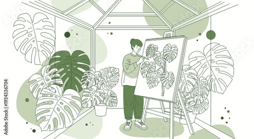 Artist painting monstera plants in greenhouse illustration, line art style