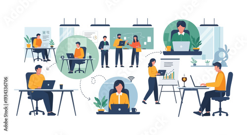 Modern Business Team Collaboration and Remote Work Concept. Professionals Working Flexibly in Office and Home Environments