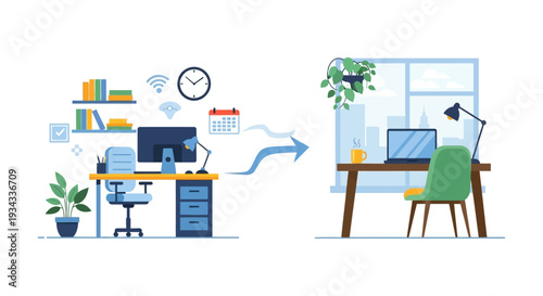 Remote Work Transformation: From Traditional Office to Cozy Home Workspace. Flexible Jobs & Hybrid Model Evolution Illustration