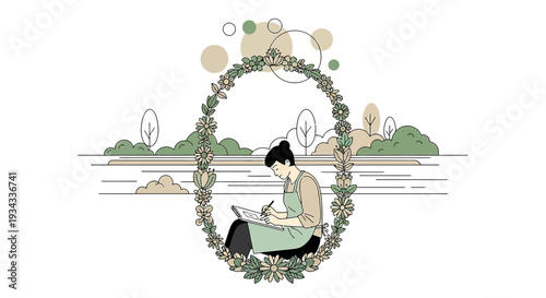 Artist Painting Nature Scene in Oval Floral Frame