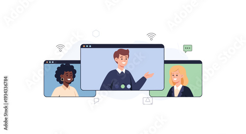 Online Video Conference Call with Diverse Team Members - Remote Work, Virtual Meeting, Digital Collaboration Illustration