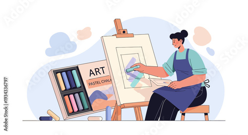 Artist Painting on Canvas with Pastels, Creative Hobby and Art Studio