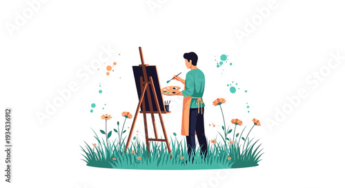 Artist Painting Outdoors Nature Meadow Easel Palette Brush Creative Hobby