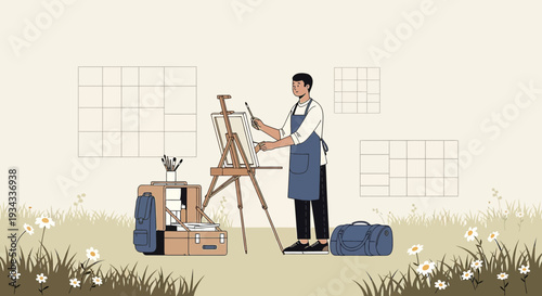 Artist Painting Outdoors with Easel and Supplies