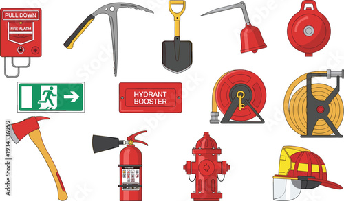 Fire Safety Equipment and Emergency Tools Set with Hydrant, Extinguisher, Alarm, Exit Sign and Protective Helmet Vector Illustration