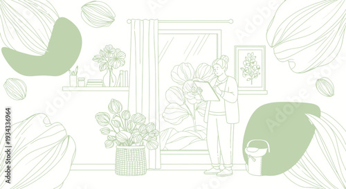 Artist painting plants in a bright room, line art, minimalist, watercolor elements