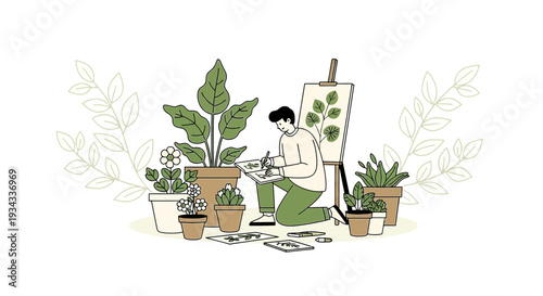 Artist Painting Plants in Garden Studio, Botanical Art Creation