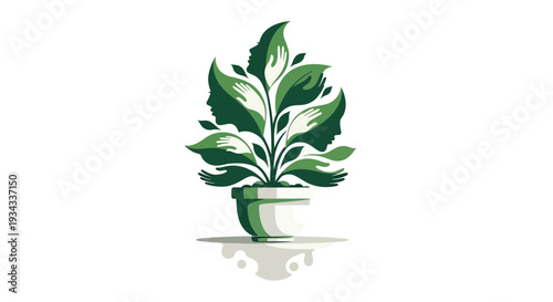 Stylized plant with human hands and faces in leaves