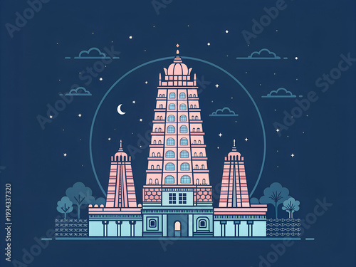 Meenakshi Amman Temple at night minimal flat vector, glowing pastel temple towers,