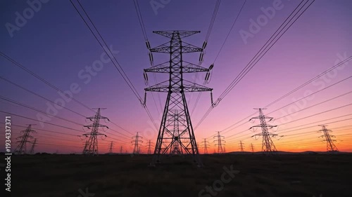 Electricity transmission towers and power lines silhouetted against a vibrant sunset sky
