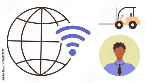 Global communication, logistics innovation, workforce diversity, transportation systems, wireless networks, business solutions. Globe with wireless symbol, forklift worker portrait. Connectivity