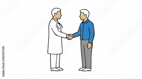 Doctor in White Coat Shaking Hands With Patient in Blue Shirt and Gray Pants White Background Minimalist Style