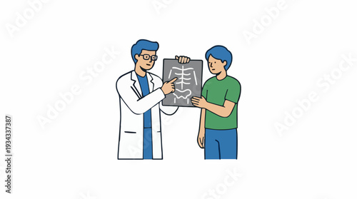 Doctor In White Coat Explains X-ray Image Showing Bones And Organs To A Patient In Green Shirt Against White Background