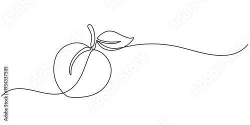 peach fruit continuous one line drawing, Peach fruit in continuous line art drawing style. Simple black sketch made of one line isolated on white background, Fresh peach continuous one line drawing.