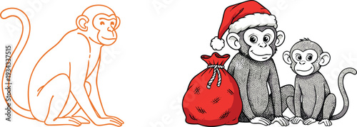 Monkey, Cartoon, Christmas, Santa, Hat, Gift, Animal, Cute, Baby, Illustration, Vector, Graphic, Design, Festive, Holiday, Character, Mascot, Isolated, Outline, Collection