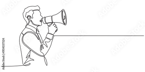 man holding megaphone continuous one line drawing animation, Animation of continuous one line drawing casual dressed man holding megaphone and shouting. Shout out. Loud voice. National Be Heard Day.
