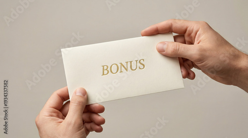 Person holding a white envelope with bonus written in gold  