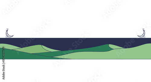 Abstract graphic illustration of a serene desert night landscape with rolling green dunes under a dark blue sky, adorned with symmetrical crescent moon accents, evoking a tranquil natural ambiance